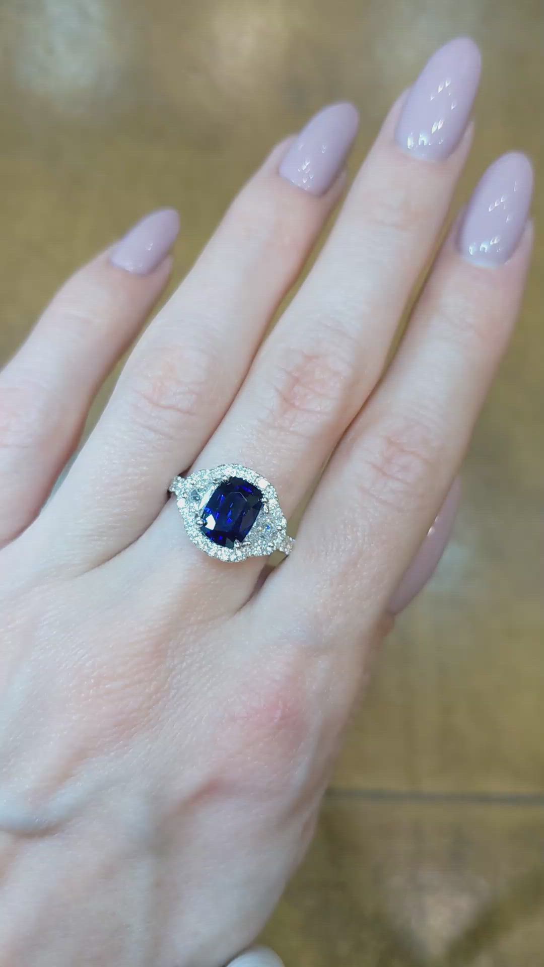 2.02 Ct. Blue Sapphire and Natural Diamond Three Stone Ring, 18K White Gold Size Video