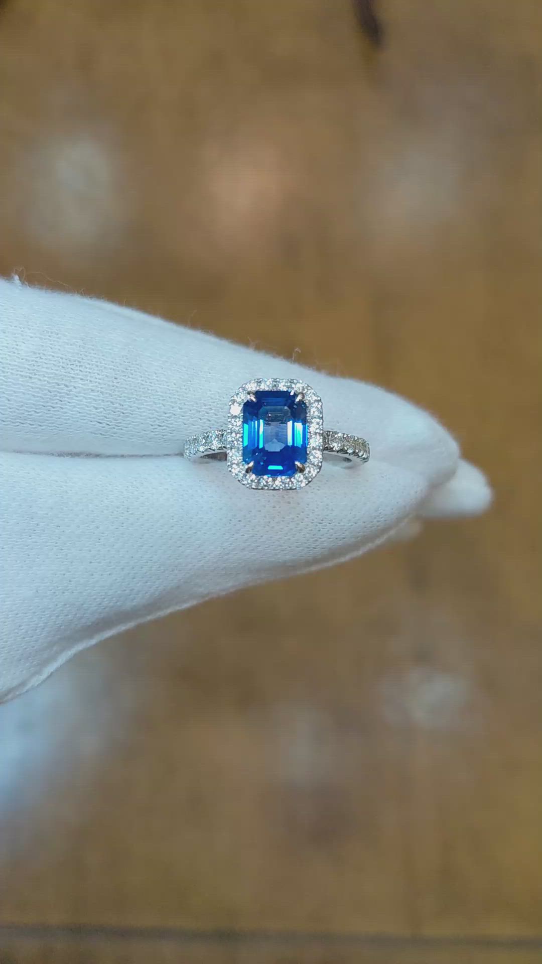 2.71 Ct. Blue Sapphire and Natural Diamond Pave Ring, 18K White Gold Size Video