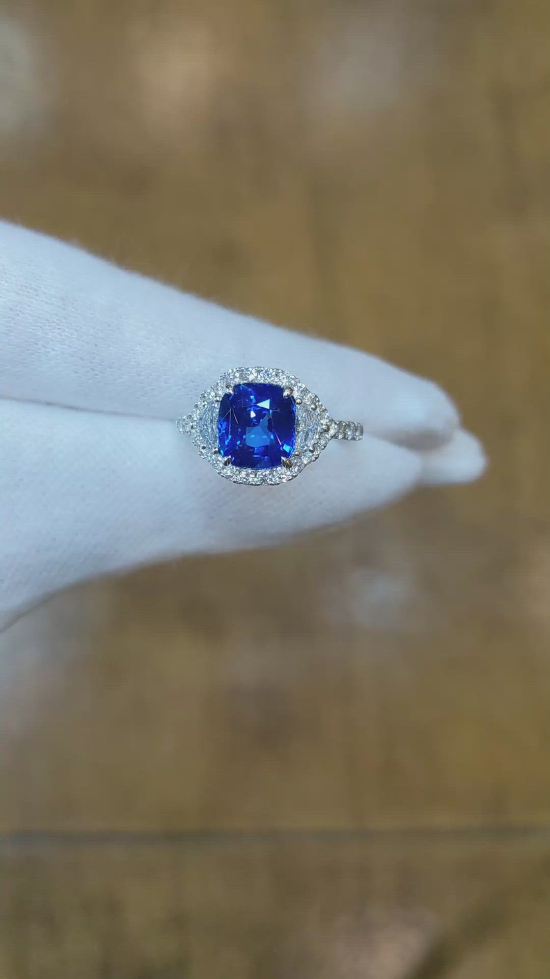 3.04 Ct. Blue Sapphire and Natural Diamond Three Stone Ring, 18K White Gold Size Video