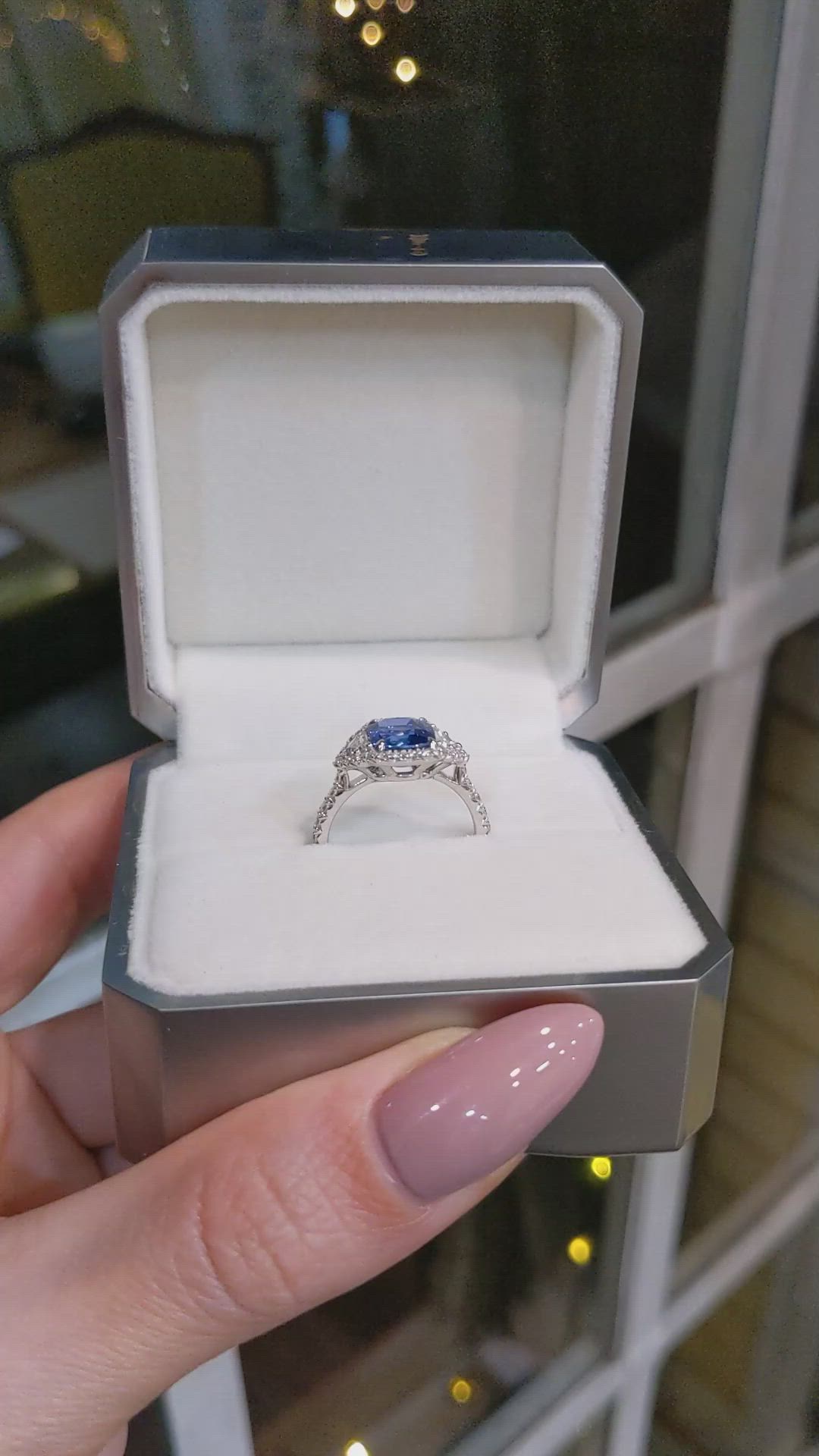 3.04 Ct. Blue Sapphire and Natural Diamond Three Stone Ring, 18K White Gold Size Video