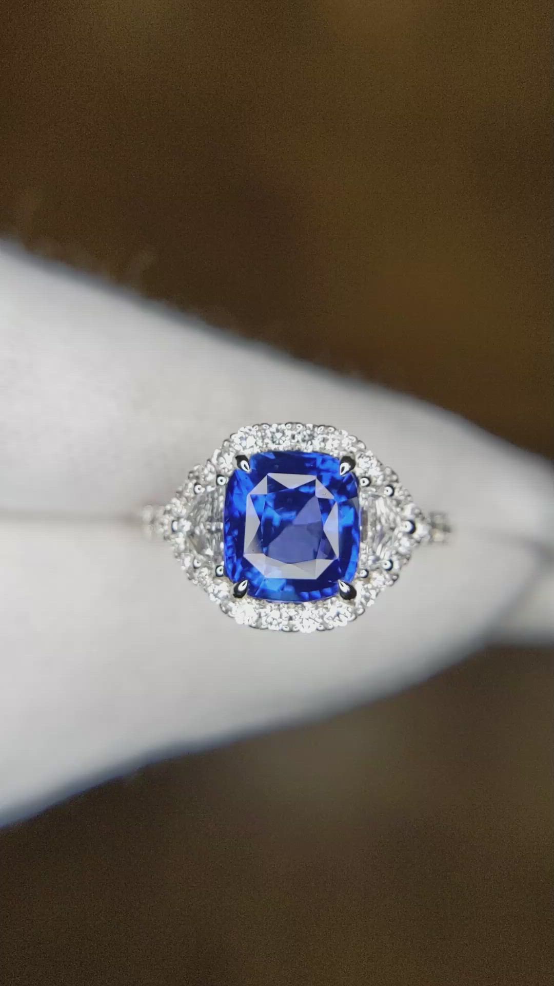 3.04 Ct. Blue Sapphire and Natural Diamond Three Stone Ring, 18K White Gold Size Video