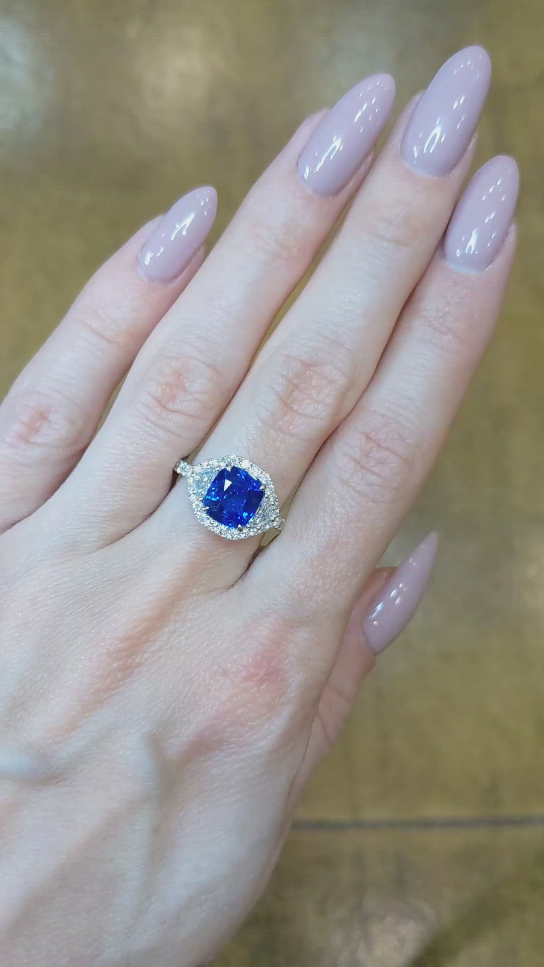 3.04 Ct. Blue Sapphire and Natural Diamond Three Stone Ring, 18K White Gold Size Video