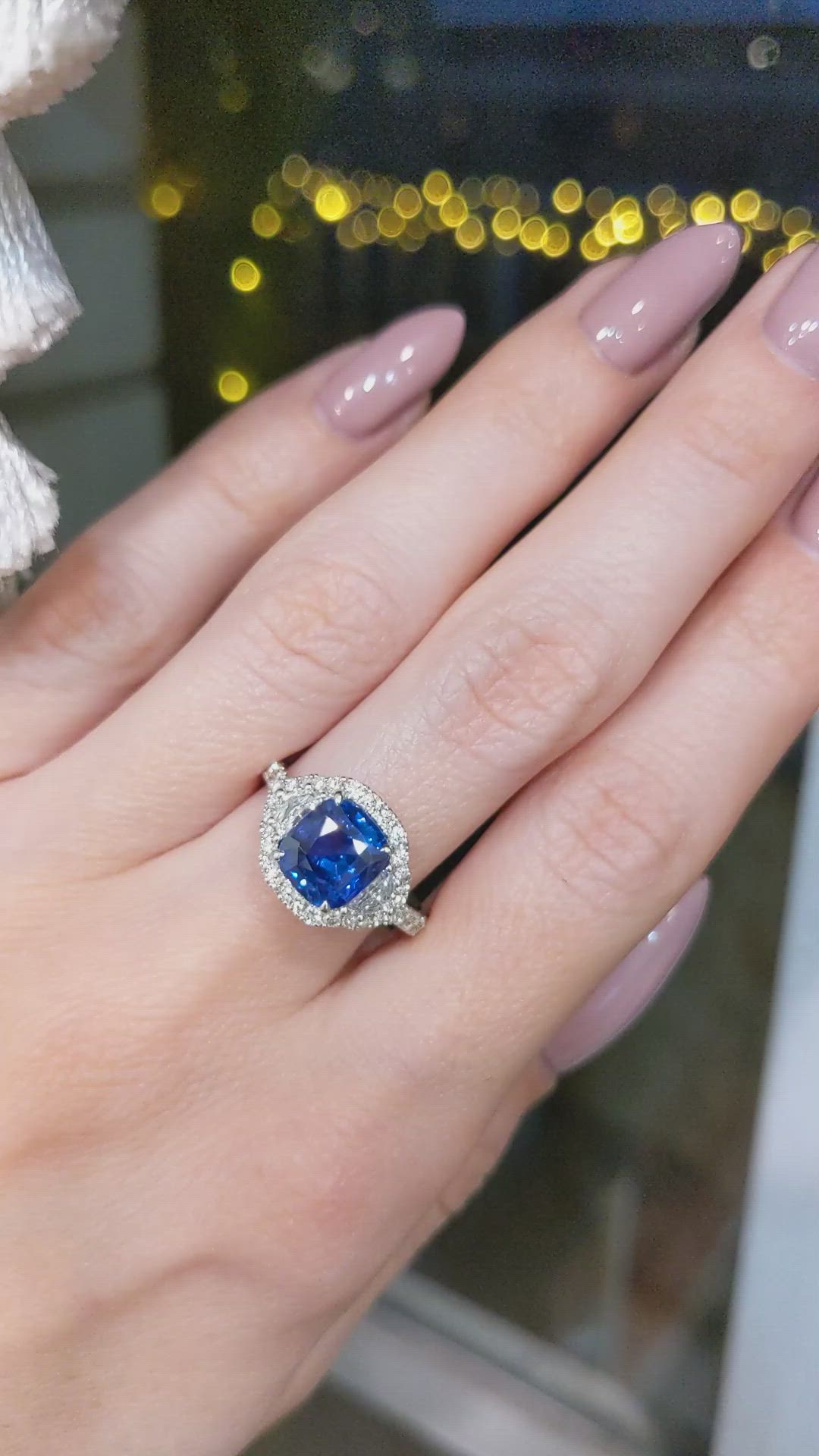 3.04 Ct. Blue Sapphire and Natural Diamond Three Stone Ring, 18K White Gold Size Video
