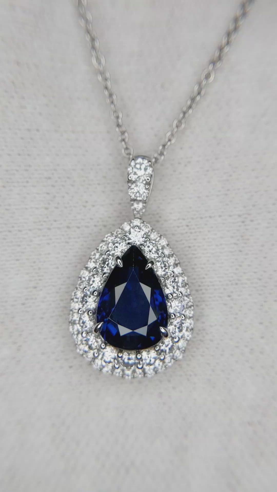 3.12 Ct. Blue Sapphire and Natural Diamond Pave Pendant, 18K White Gold Size Video