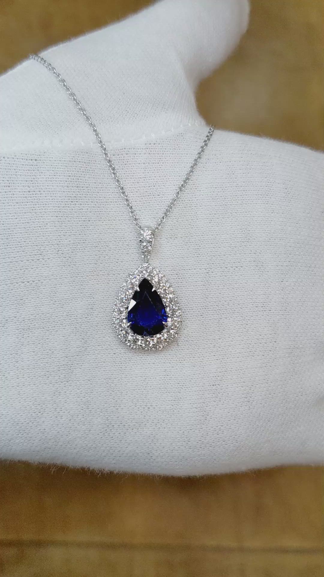 3.12 Ct. Blue Sapphire and Natural Diamond Pave Pendant, 18K White Gold Size Video