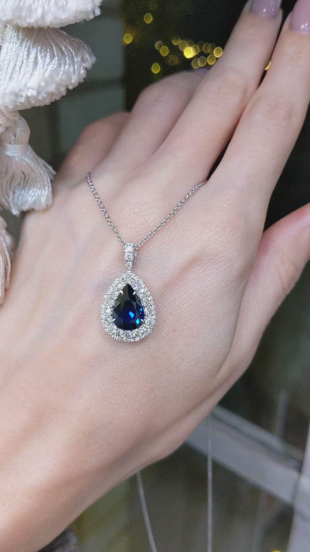 3.12 Ct. Blue Sapphire and Natural Diamond Pave Pendant, 18K White Gold Size Video