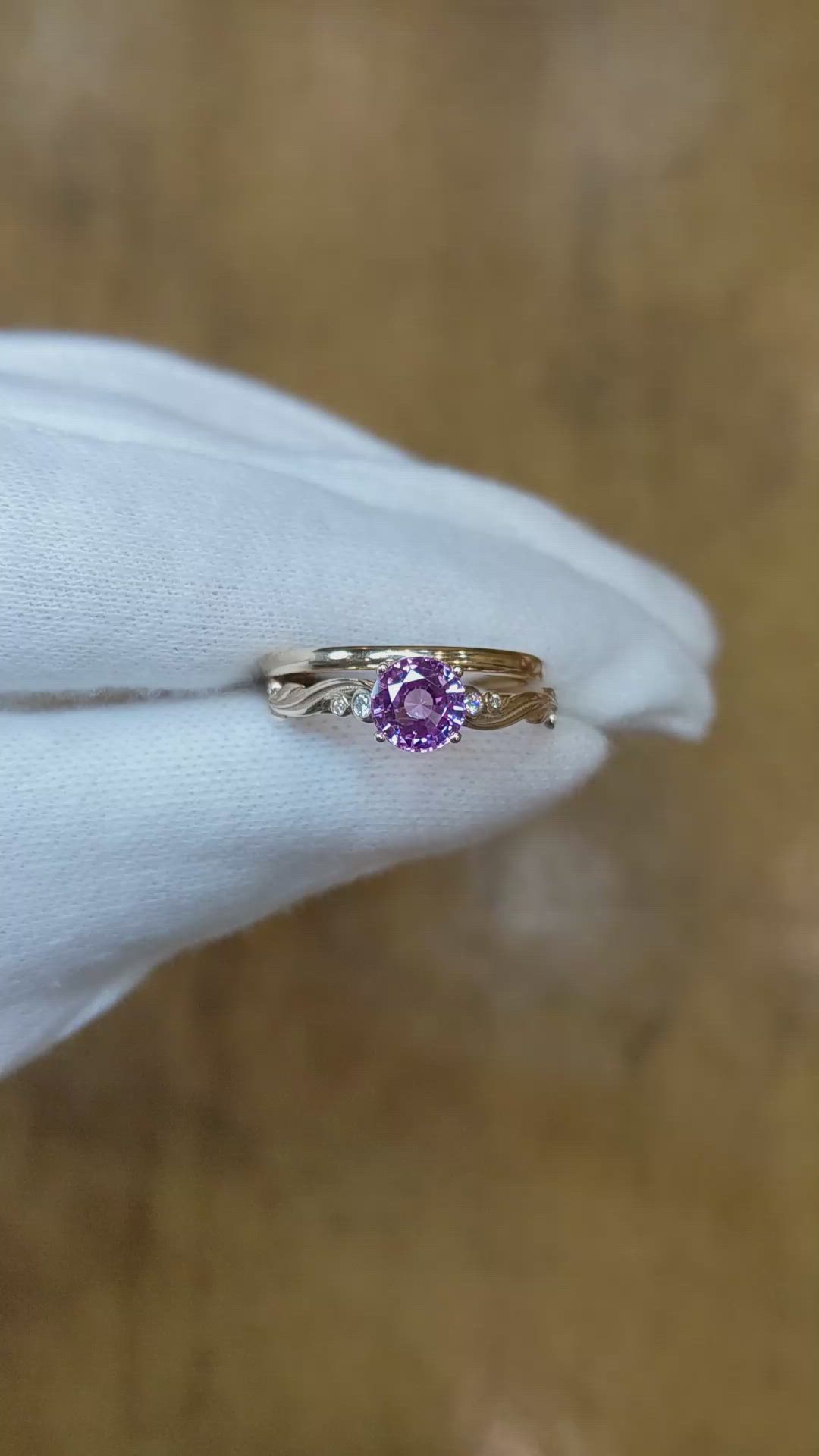 1.35 Ct. Pinkish Purple Sapphire and Natural Diamond Accent Stones Ring, 18K Rose Gold Size Video