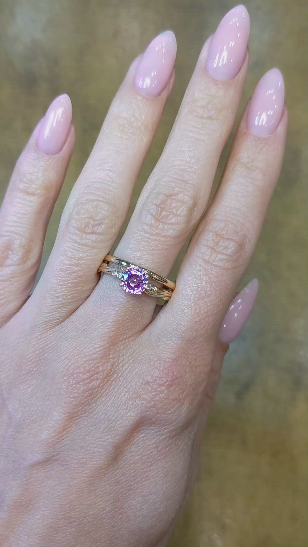 1.35 Ct. Pinkish Purple Sapphire and Natural Diamond Accent Stones Ring, 18K Rose Gold Size Video