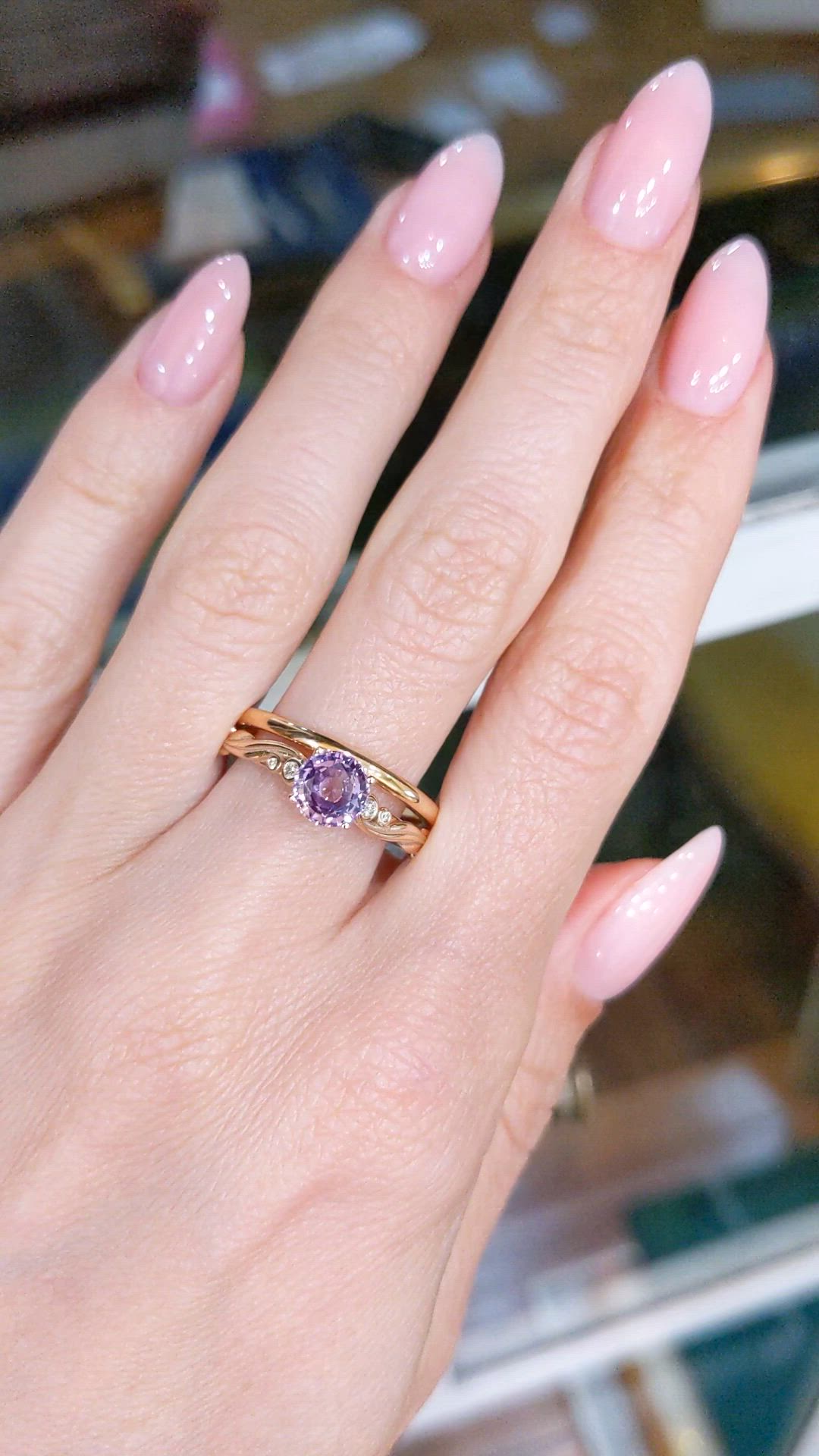 1.35 Ct. Pinkish Purple Sapphire and Natural Diamond Accent Stones Ring, 18K Rose Gold Size Video