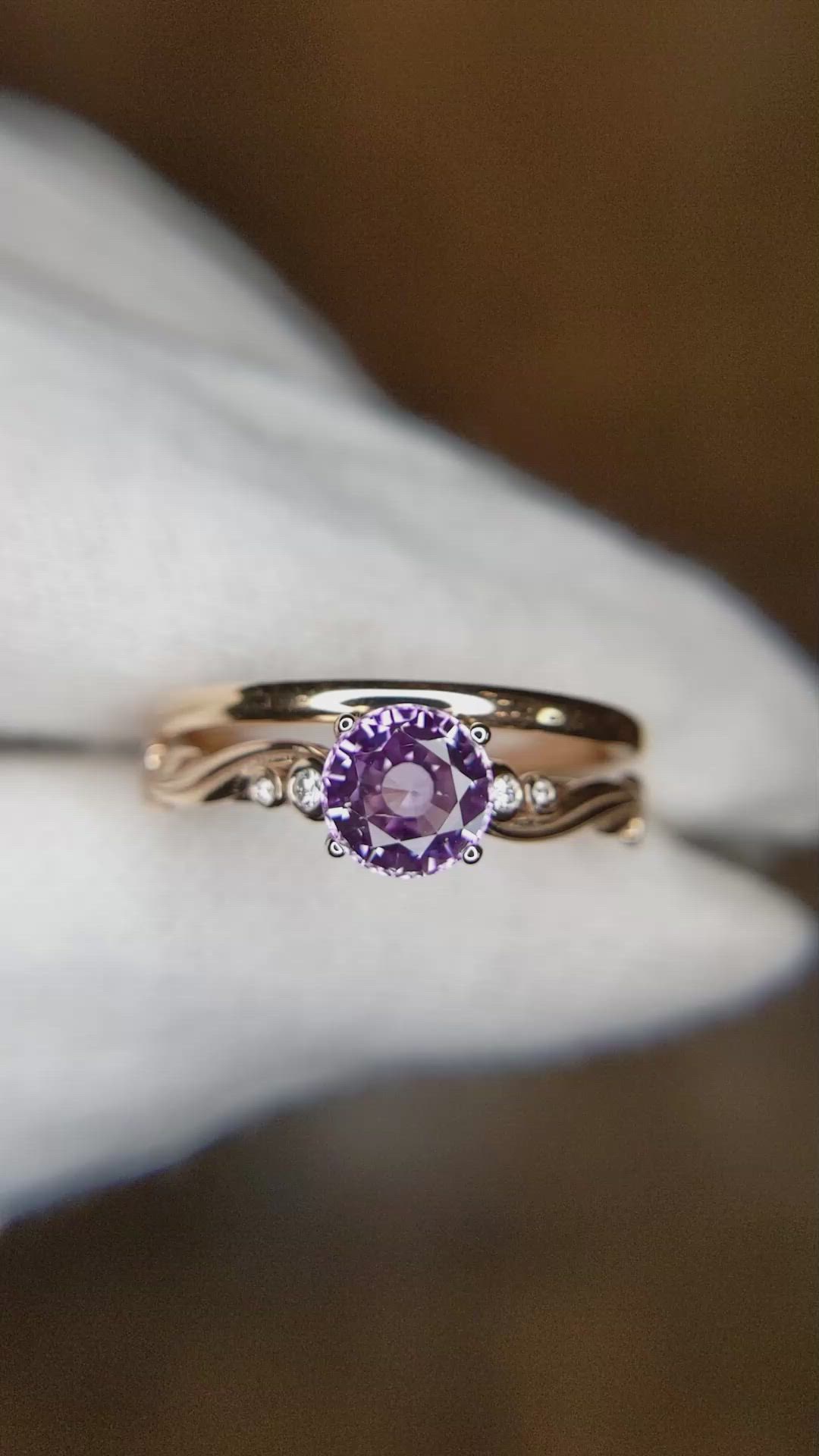 1.35 Ct. Pinkish Purple Sapphire and Natural Diamond Accent Stones Ring, 18K Rose Gold Size Video