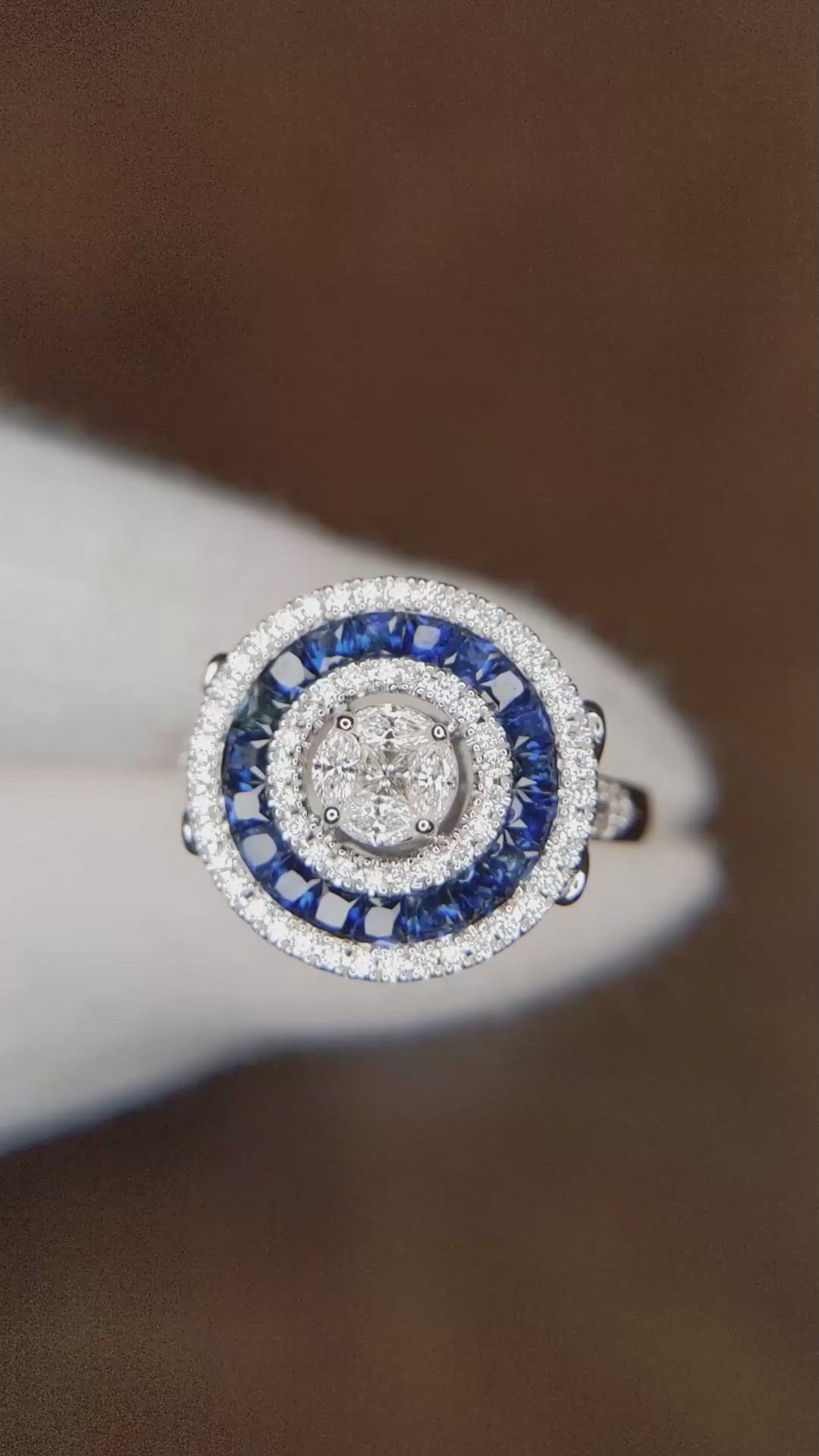 0.93 Ct. Blue Sapphire and Natural Diamond Pave Ring, 18K White Gold Size Video