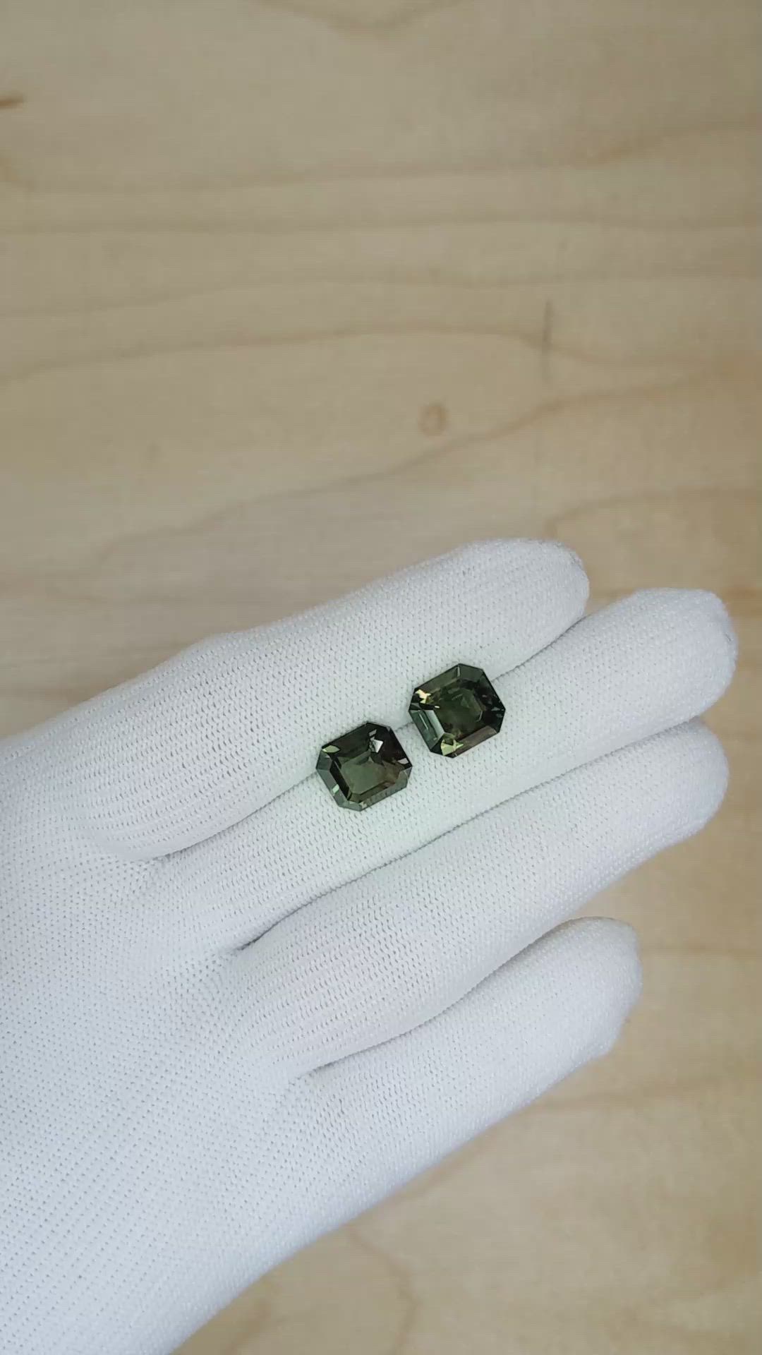 9.27&nbsp;Ct.Tw.Total Carat Weight Brownish Green Sapphire Pair from Ceylon (Sri Lanka) Size Video