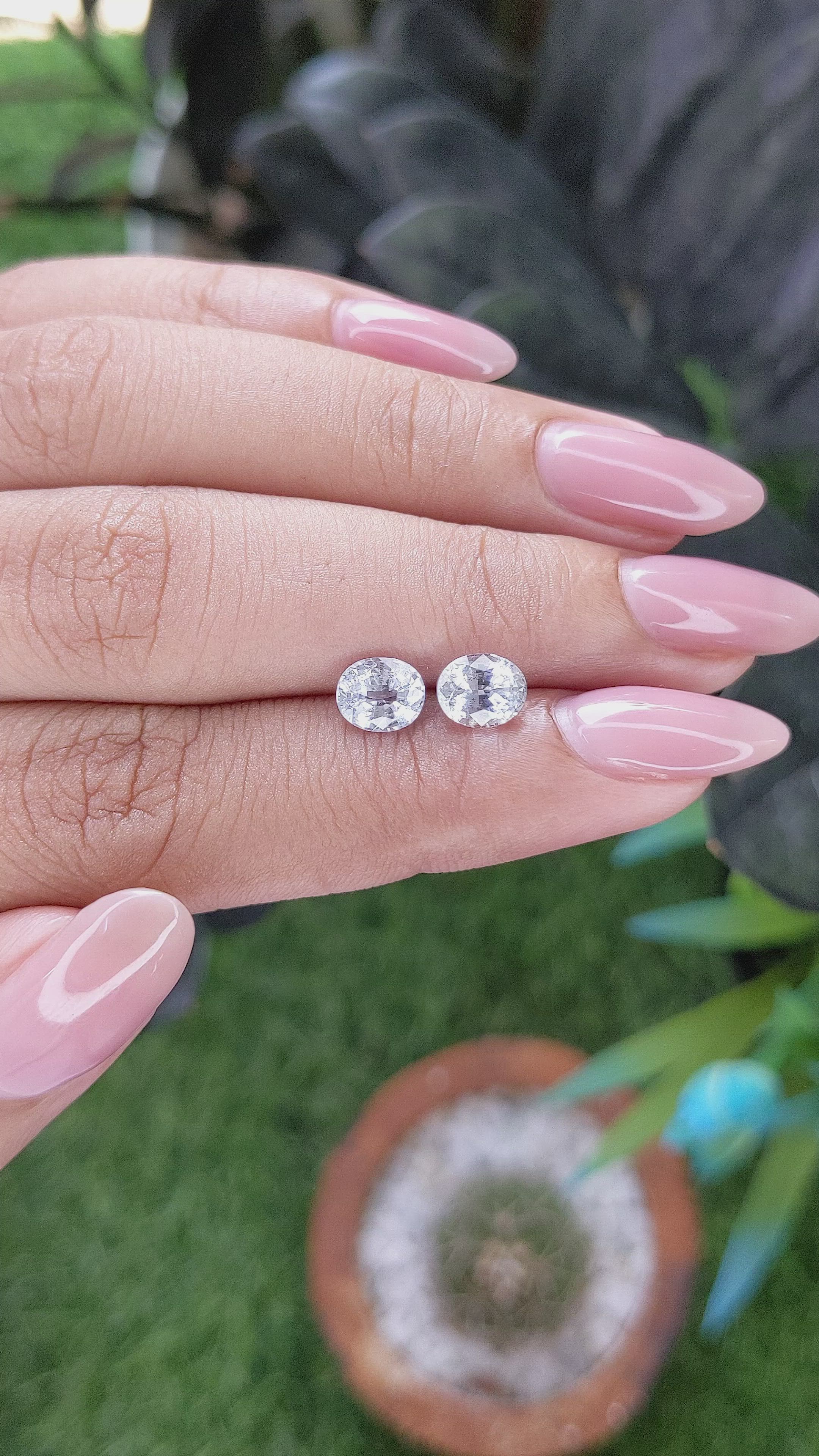 2.34 Ct.Tw.Total Carat Weight White Sapphire Pair from Ceylon (Sri Lanka) Size Video