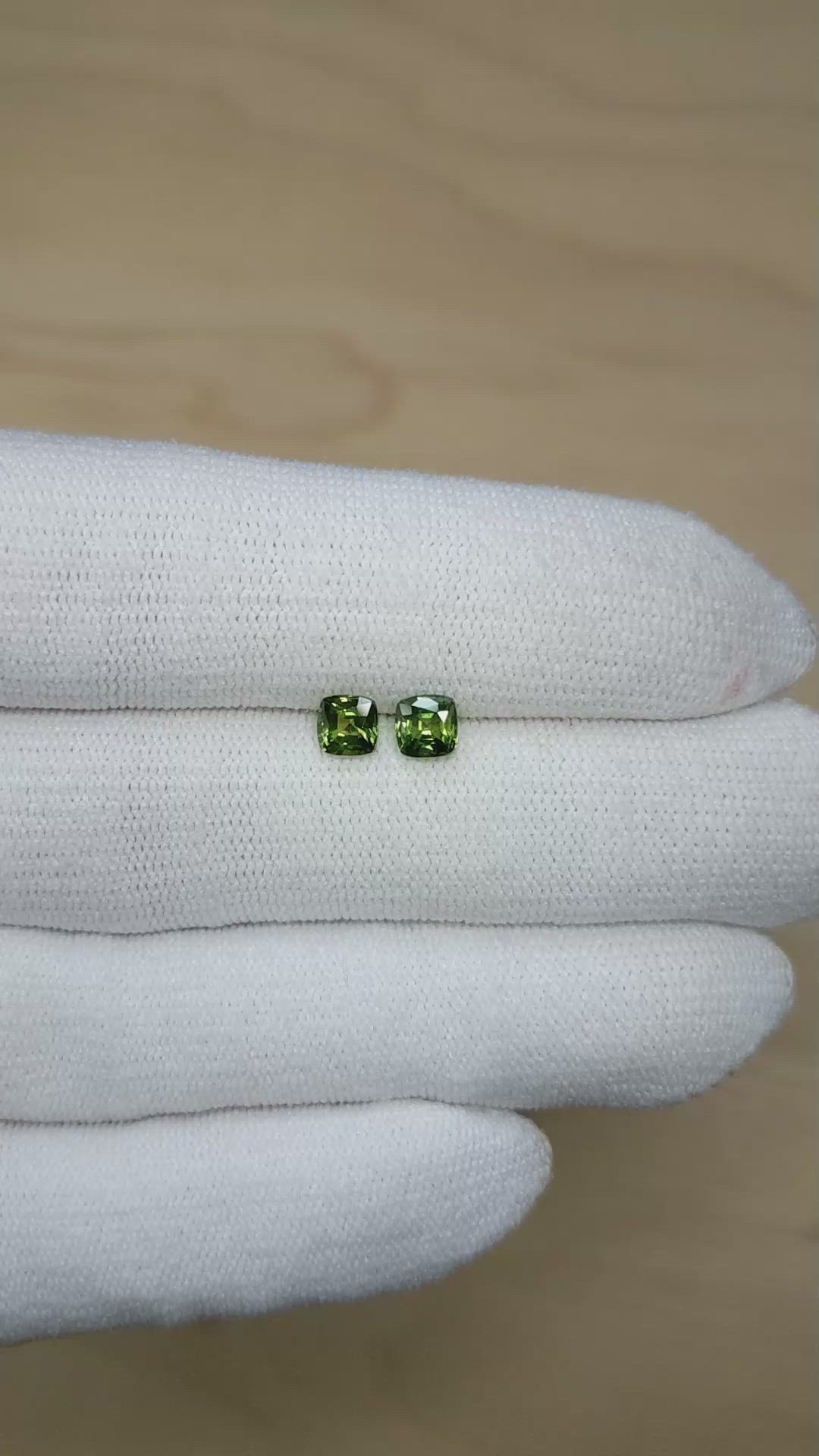 1.28 Ct.Tw.Total Carat Weight Yellowish Green Sapphire Pair from Thailand Size Video
