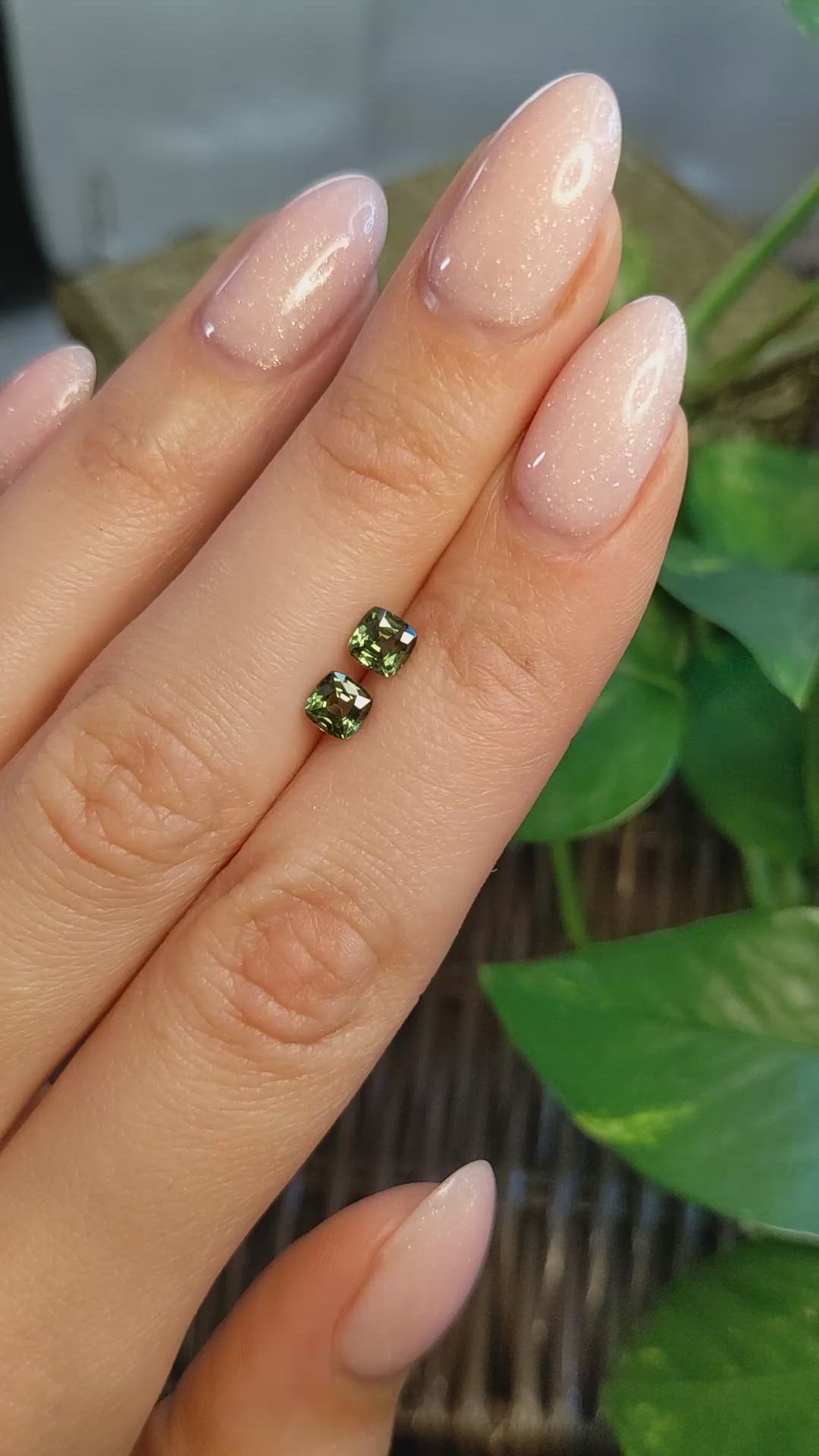 1.28 Ct.Tw.Total Carat Weight Yellowish Green Sapphire Pair from Thailand Size Video