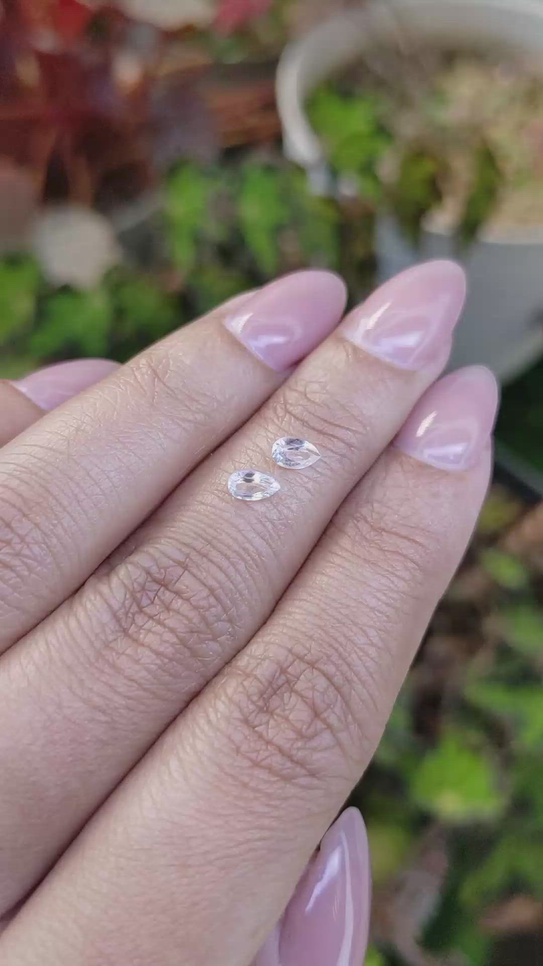 0.57 Ct.Tw.Total Carat Weight White Sapphire Pair from Ceylon (Sri Lanka) Size Video