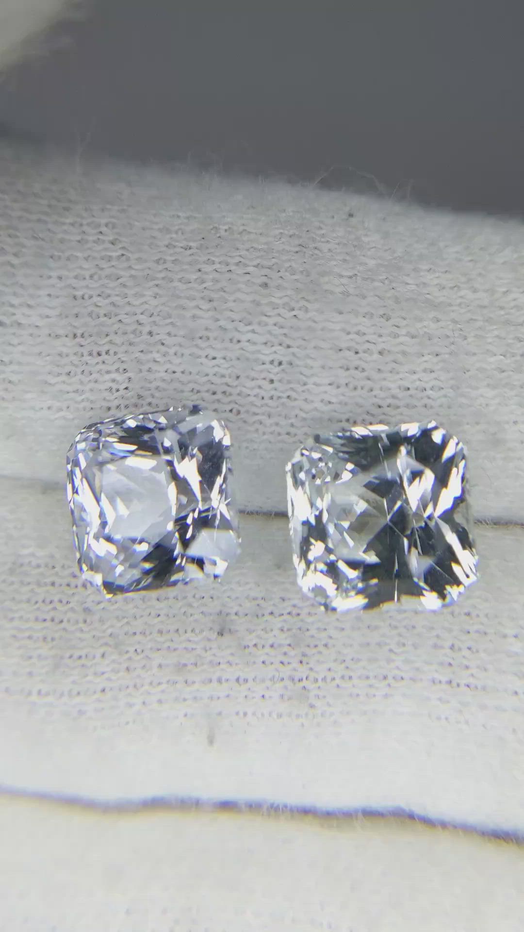 8.44 Ct.Tw.Total Carat Weight White Sapphire Pair from Ceylon (Sri Lanka) Size Video