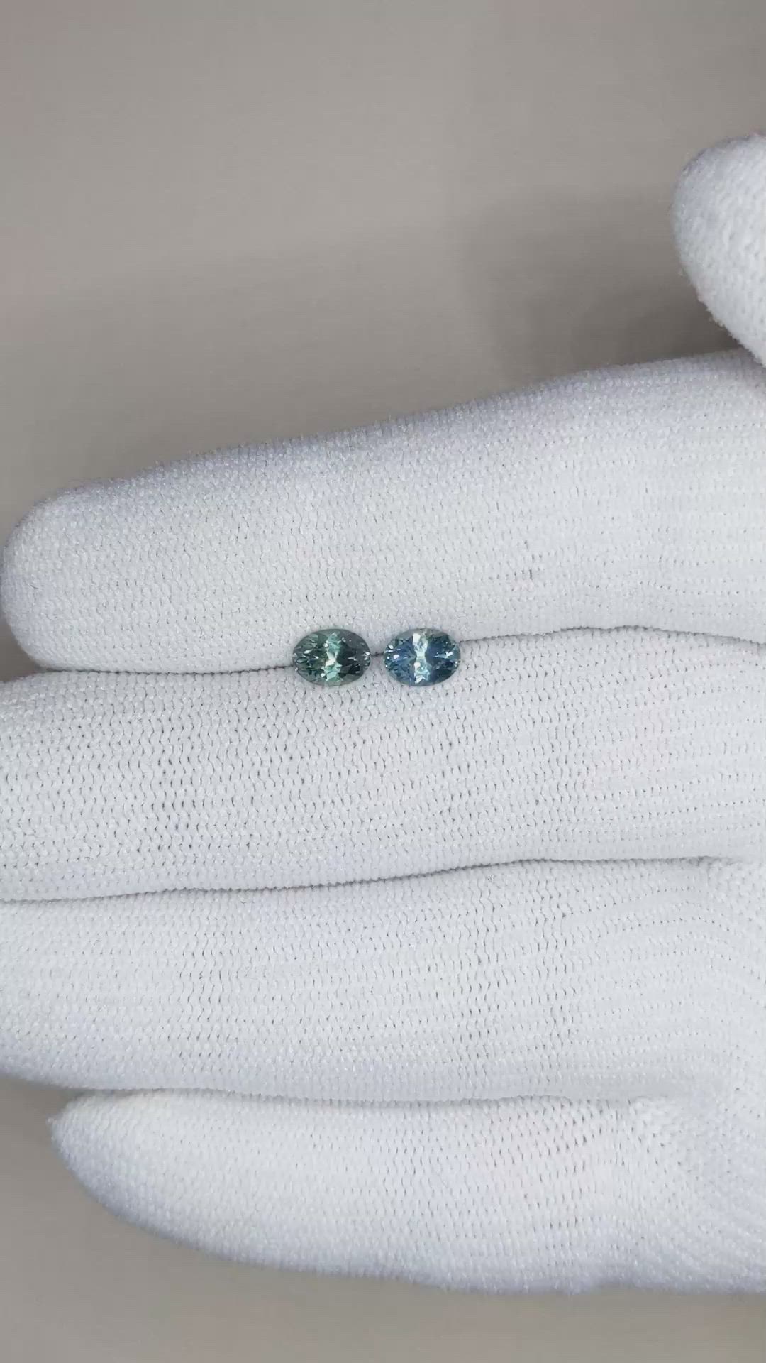 1.04 Ct.Tw.Total Carat Weight Bluish Green Sapphire Pair from Montana Size Video