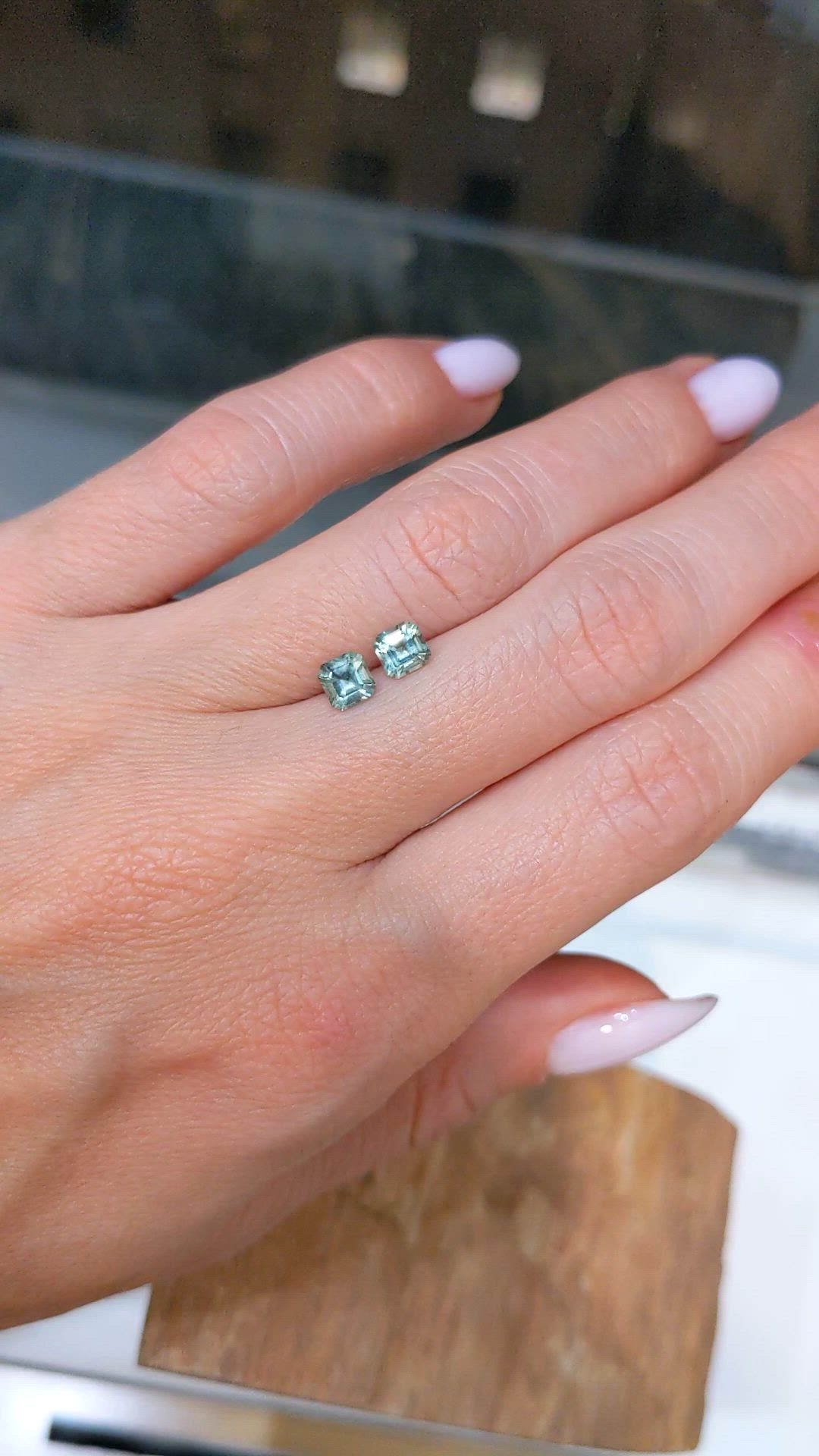 1.12 Ct.Tw.Total Carat Weight Bluish Green Sapphire Pair from Montana Size Video